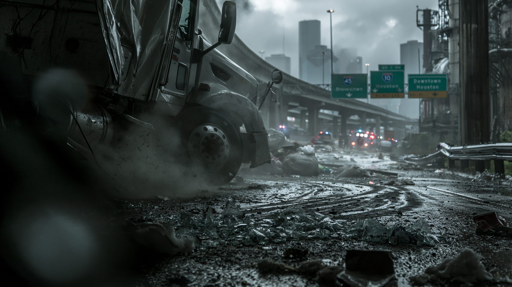 Overturned tractor-trailer beneath a Houston interstate overpass at dusk